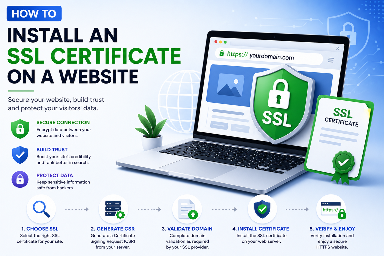 Learn How to Install an SSL Certificate on a Website with this beginner-friendly guide. Configure SSL, enable HTTPS, fix errors, redirect HTTP, and test security