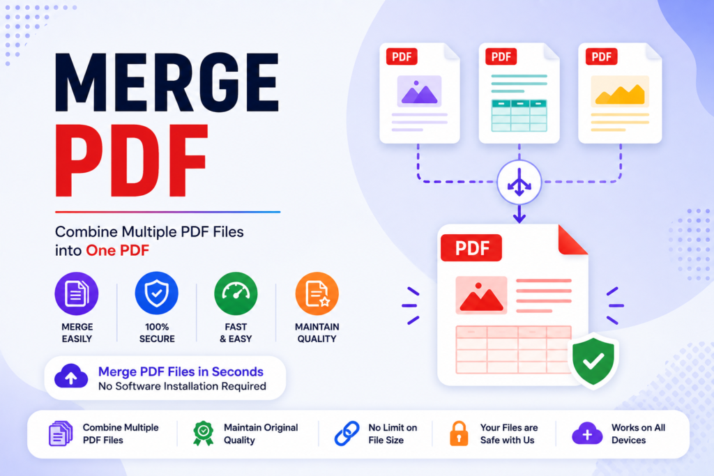 Merge PDF Online Free – Combine Multiple PDF Files into One PDF 2026 Merge PDF tool interface showing several PDF files combined into one document.