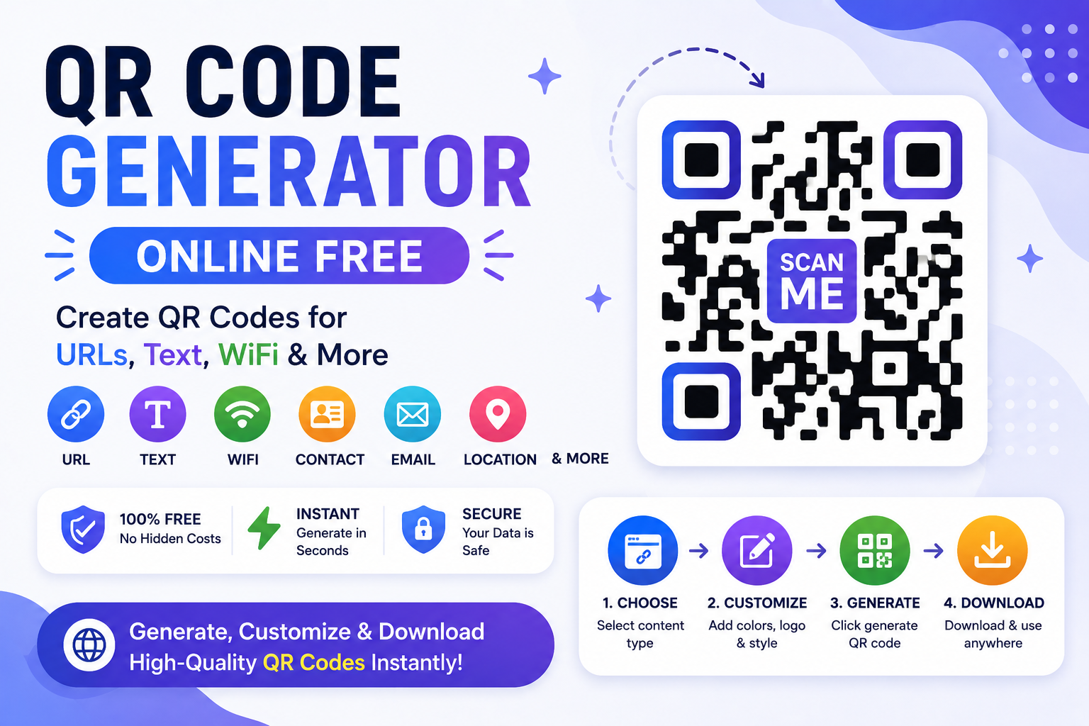 QR Code Generator interface showing a website URL turned into a scannable QR Code.