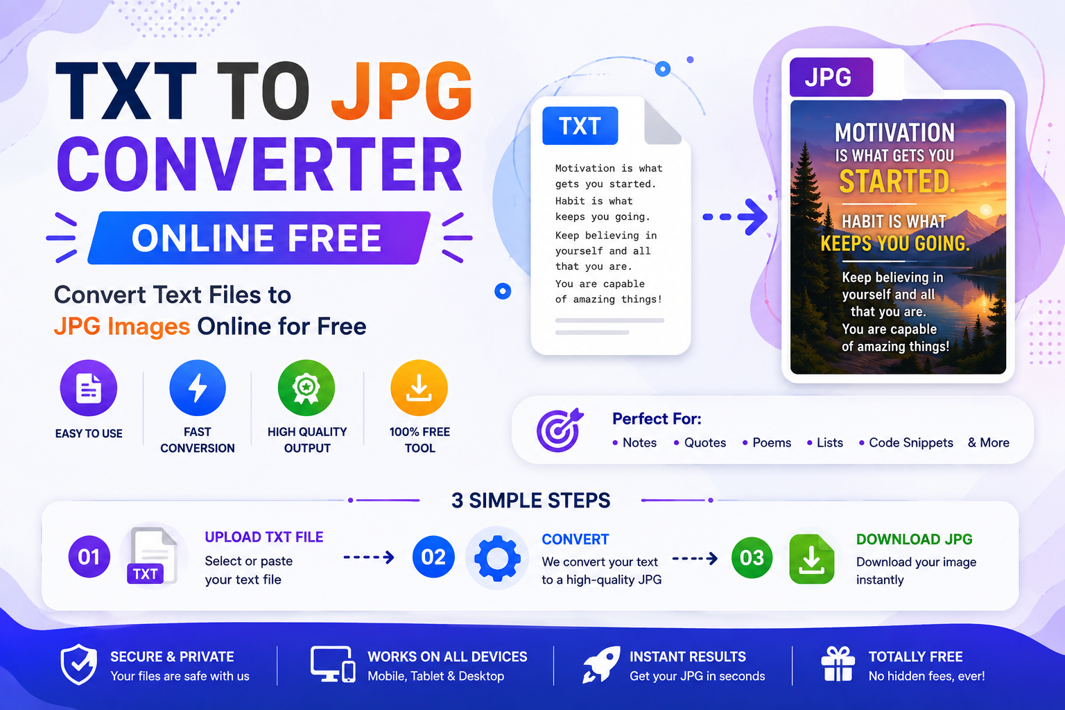 TXT to JPG converter interface showing a text file turned into a JPG image.