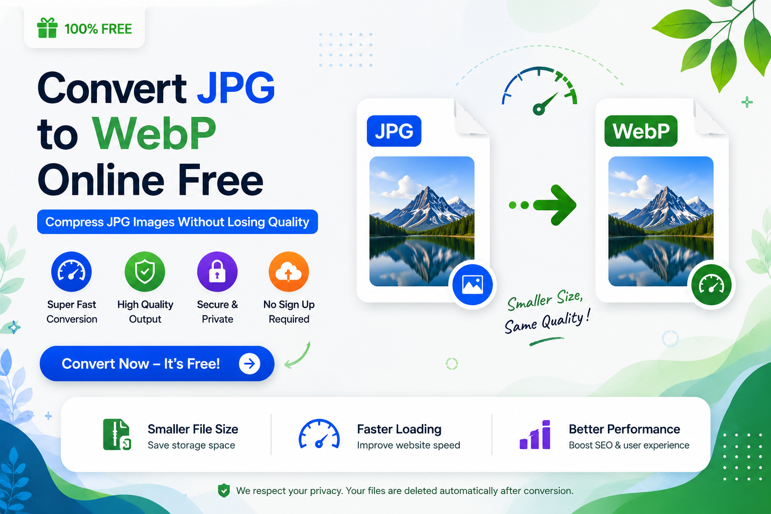 Convert JPG to WebP online with a free JPG to WebP converter