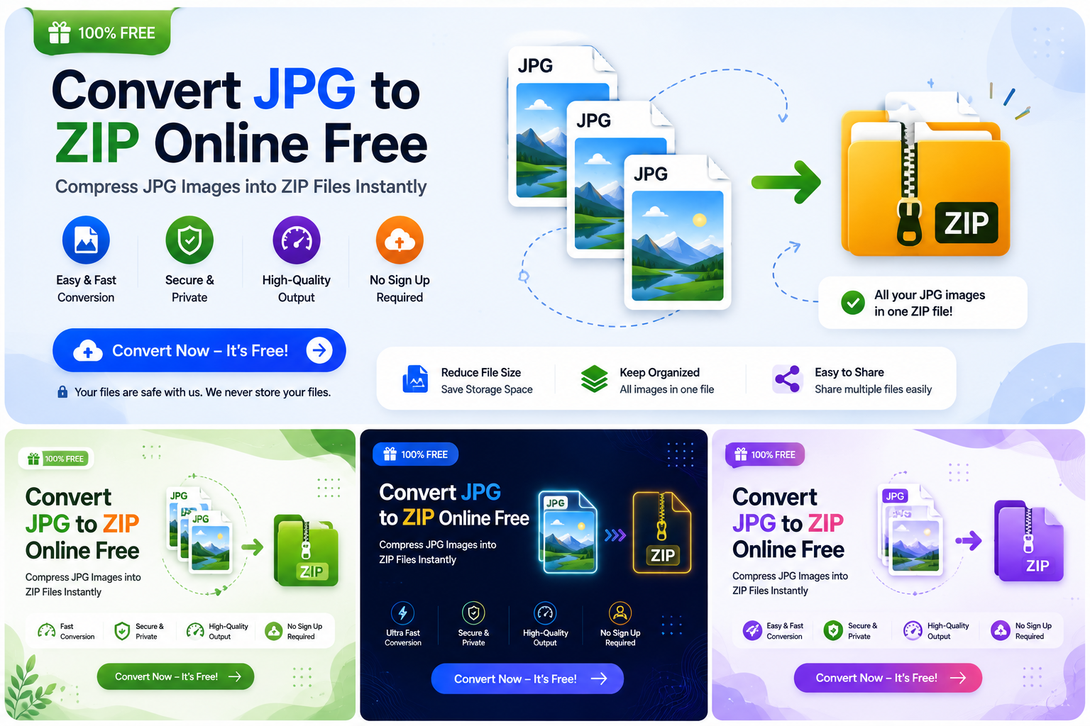 Convert JPG to ZIP online with a free JPG to ZIP converter
