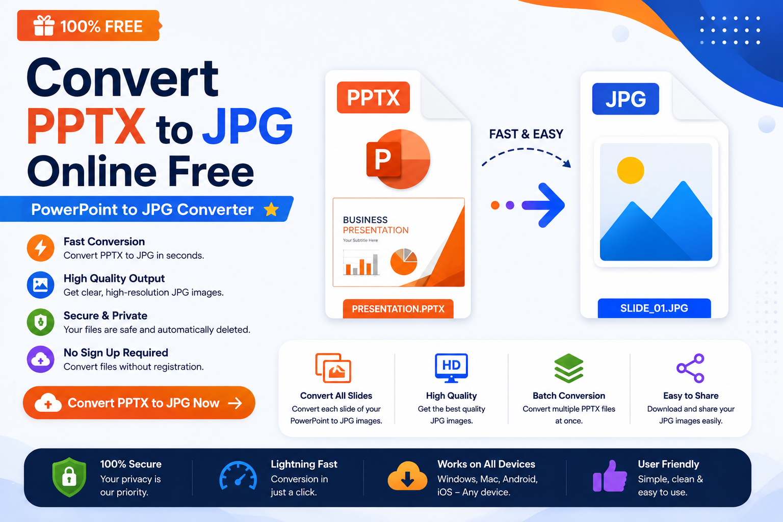 Convert PPTX to JPG online with a free PPTX to JPG converter
