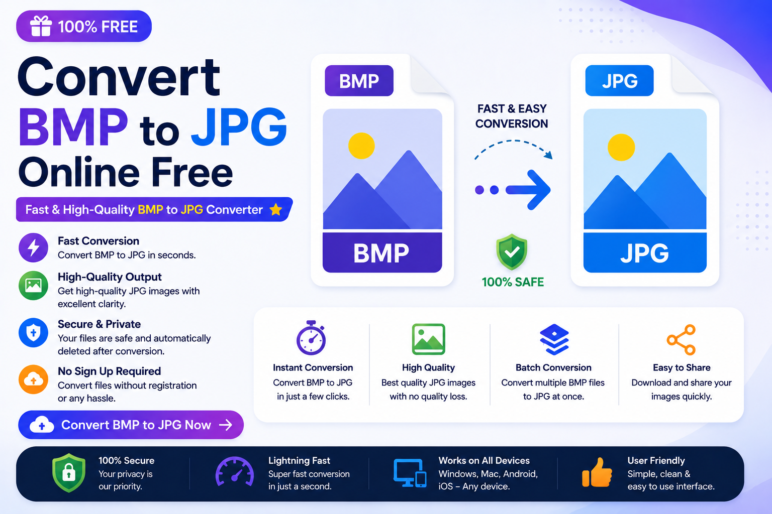 Convert BMP to JPG online with a free BMP to JPG converter