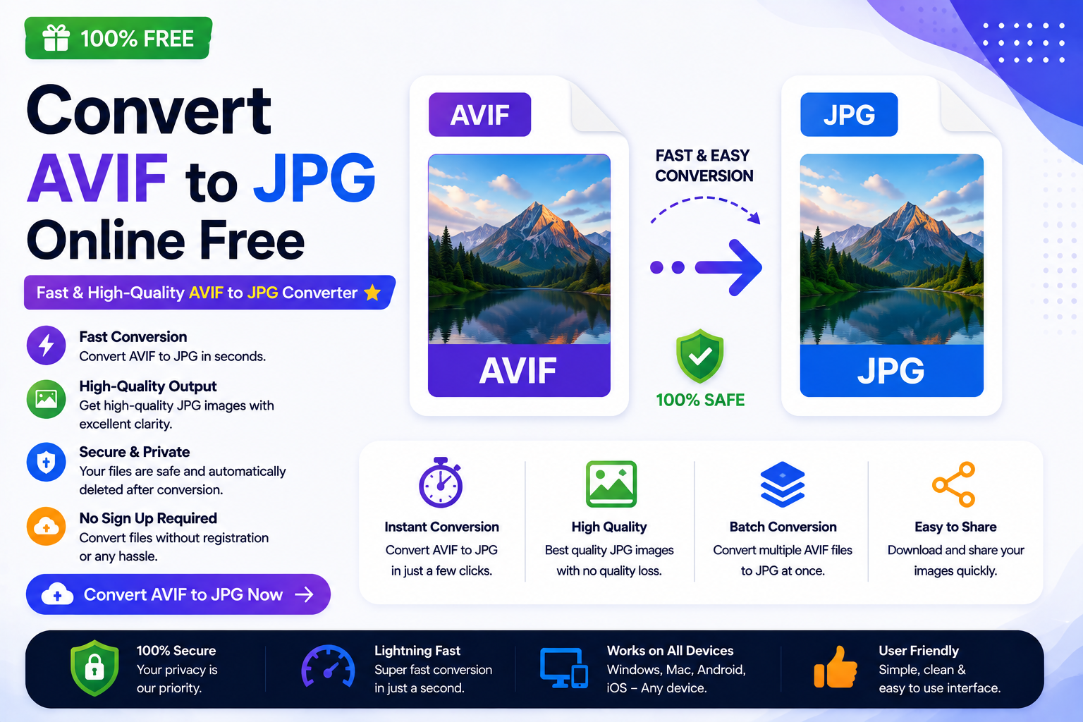Convert AVIF to JPG online with a free AVIF to JPG converter